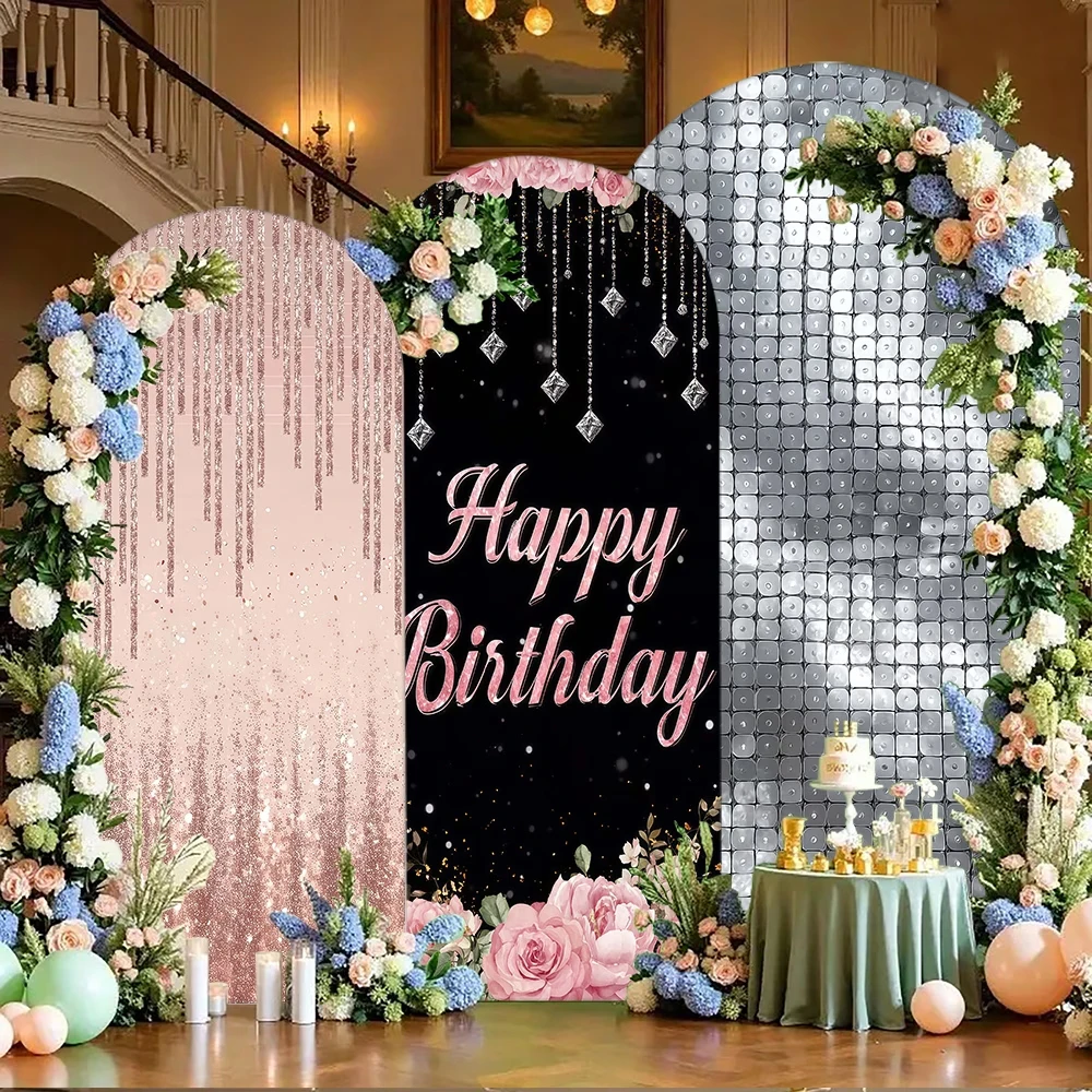Custom 2-sided Women Girl Happy Birthday Background Rose Gold Splash Party Decorations Sliver Birthday Cake Table Arch Backdrop