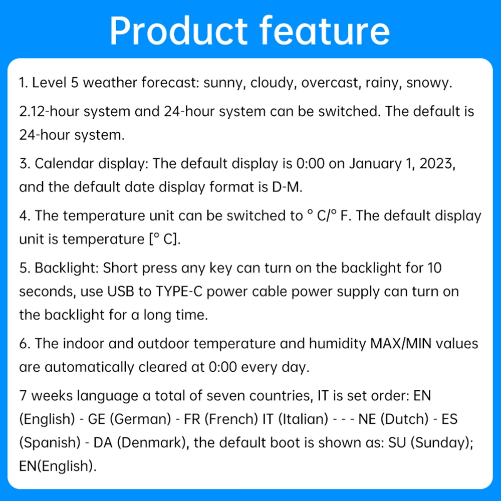 Imagem -05 - Medidor de Umidade de Temperatura Interna com Função Despertador Sensor Externo Time Display en ge fr it ne es da Pcs por Conjunto