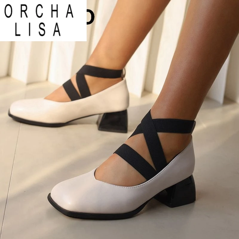 

ORCHA LISA Design Женские туфли-лодочки с квадратным носком и блочным каблуком, эластичный ремешок, большой размер 47 48, модная мягкая модельная обувь для девочек, весенняя обувь