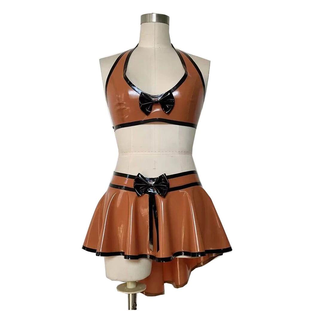 Sexy Brown and Black Latex Men Women Gummi Unique Rubber Bra and Skirt Cheerleading Uniform Handmade Costumes RLD306