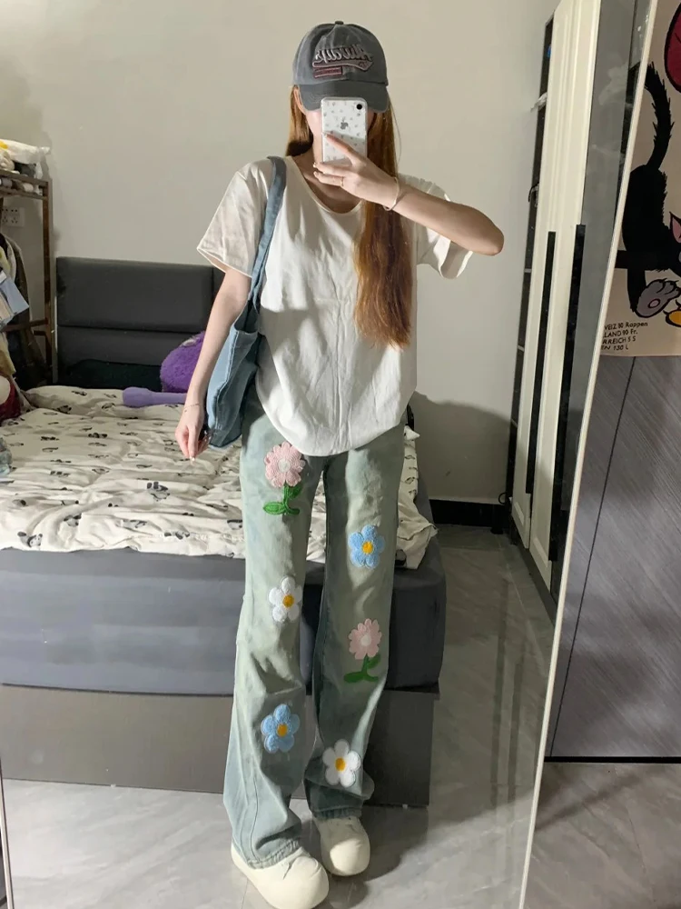 

Light Blue Embroidered Straight Leg Jeans Men's Cleanfit Design Fashionable Casual Cotton Polyester Blend Wear Resistant