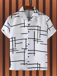 2024 New Hawaii Shirt Casual Simple Striped Printed Shirt Men's Office Tops Flip Lapel Single Breasted Temperament Short Sleeve