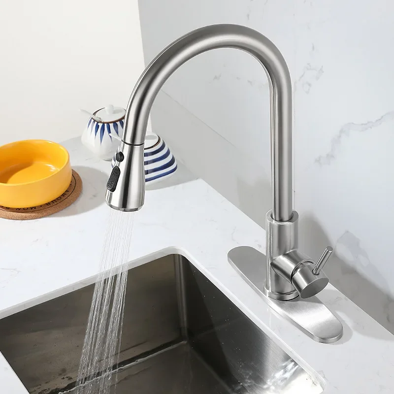 

Kitchen Faucet Multifunctional Hot and Cold Rotatable Household Stainless Steel with Base Plate Pull-out Retractable Sink Faucet
