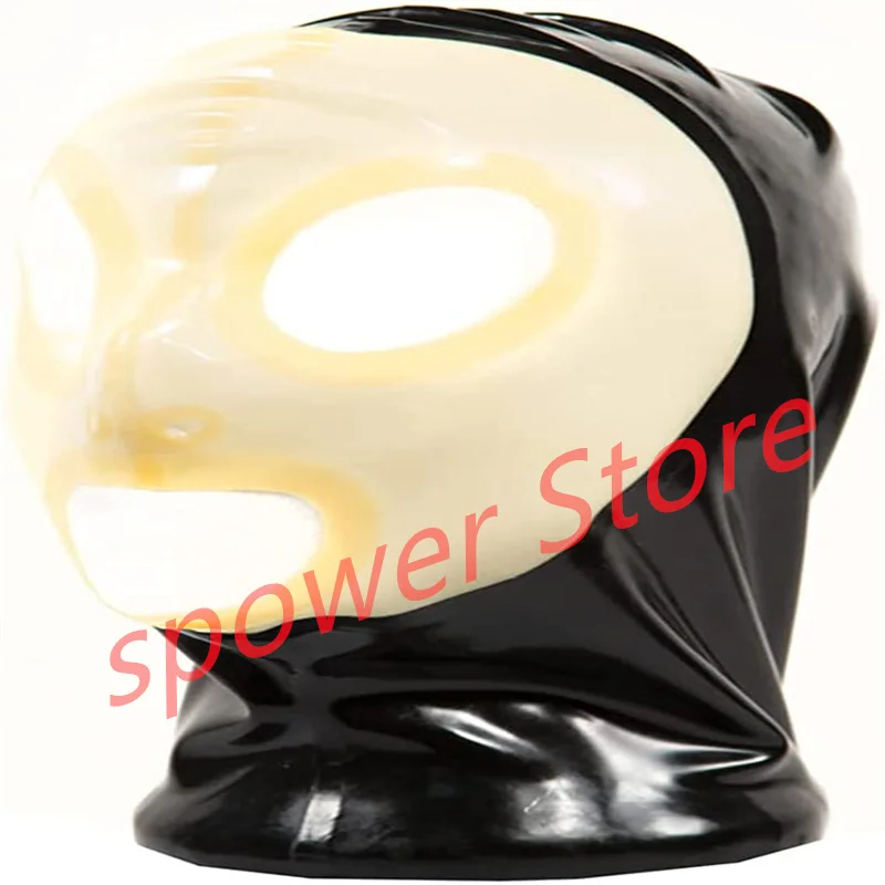 

Natural Latex Full Head Latex Hoods Rubber Mask Fetish Cosplay Costumes Black with Transparent Back Zip Club Wear