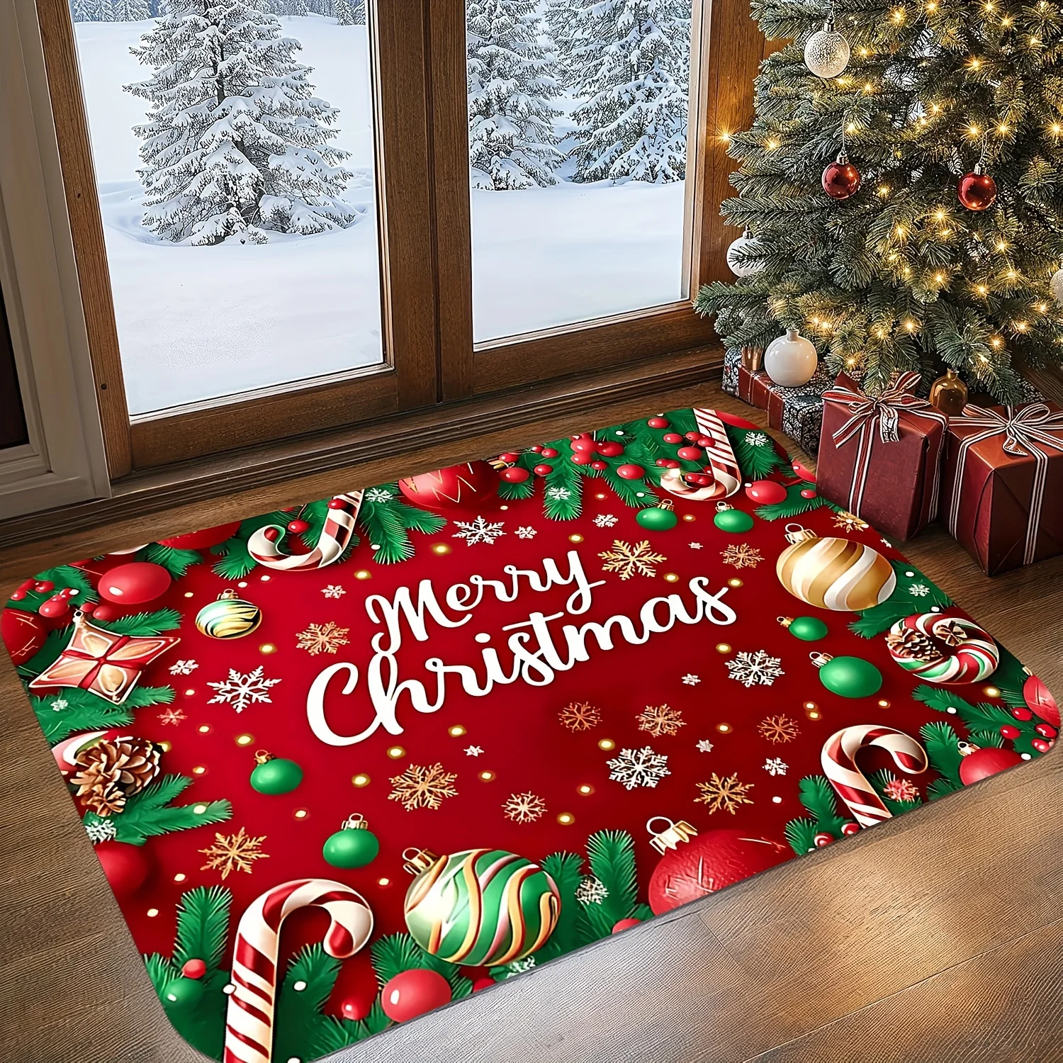 2D‑Printed Red Candy Cane Bell Christmas Welcome Rug, Decor for Bathroom, Living Room, Kitchen, Indoor‑Outdoor Parties