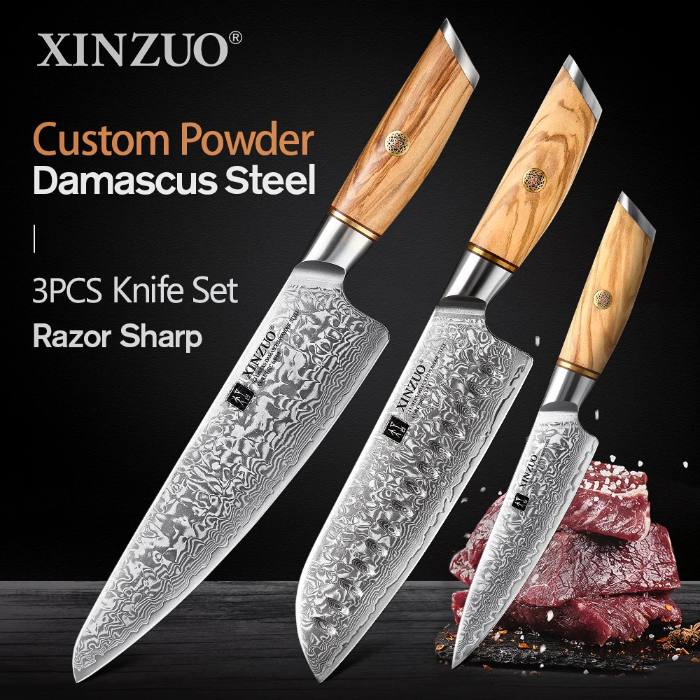 XINZUO 73 Layers Damascus Steel 1pc Or 3pcs Knife Set Kitchen Knives Chef Utility Knife High Carbon Power Steel Olive Handle