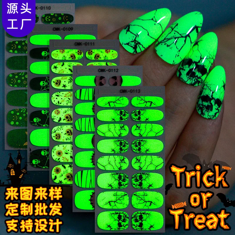 Nueva película de esmalte de uñas, pegatina para uñas, luz nocturna de Navidad y Halloween, pegatina para uñas con esqueleto de calabaza fantasma oscuro europeo y americano