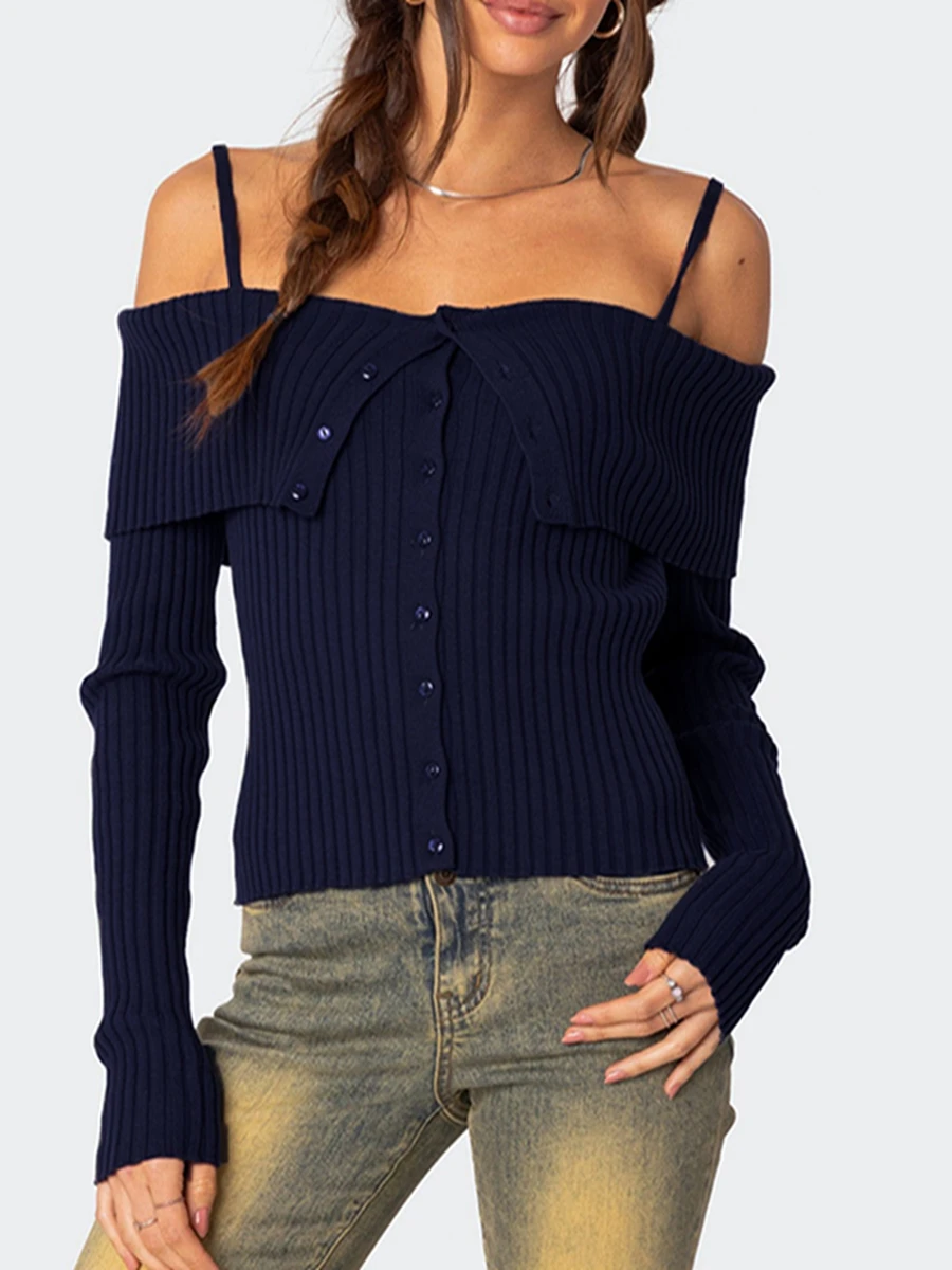 

Women's Autumn Slim Knit Sweaters Solid Color Off Shoulder Long Sleeve Button Up Knitwear for Female Korean Style Pullovers Tops