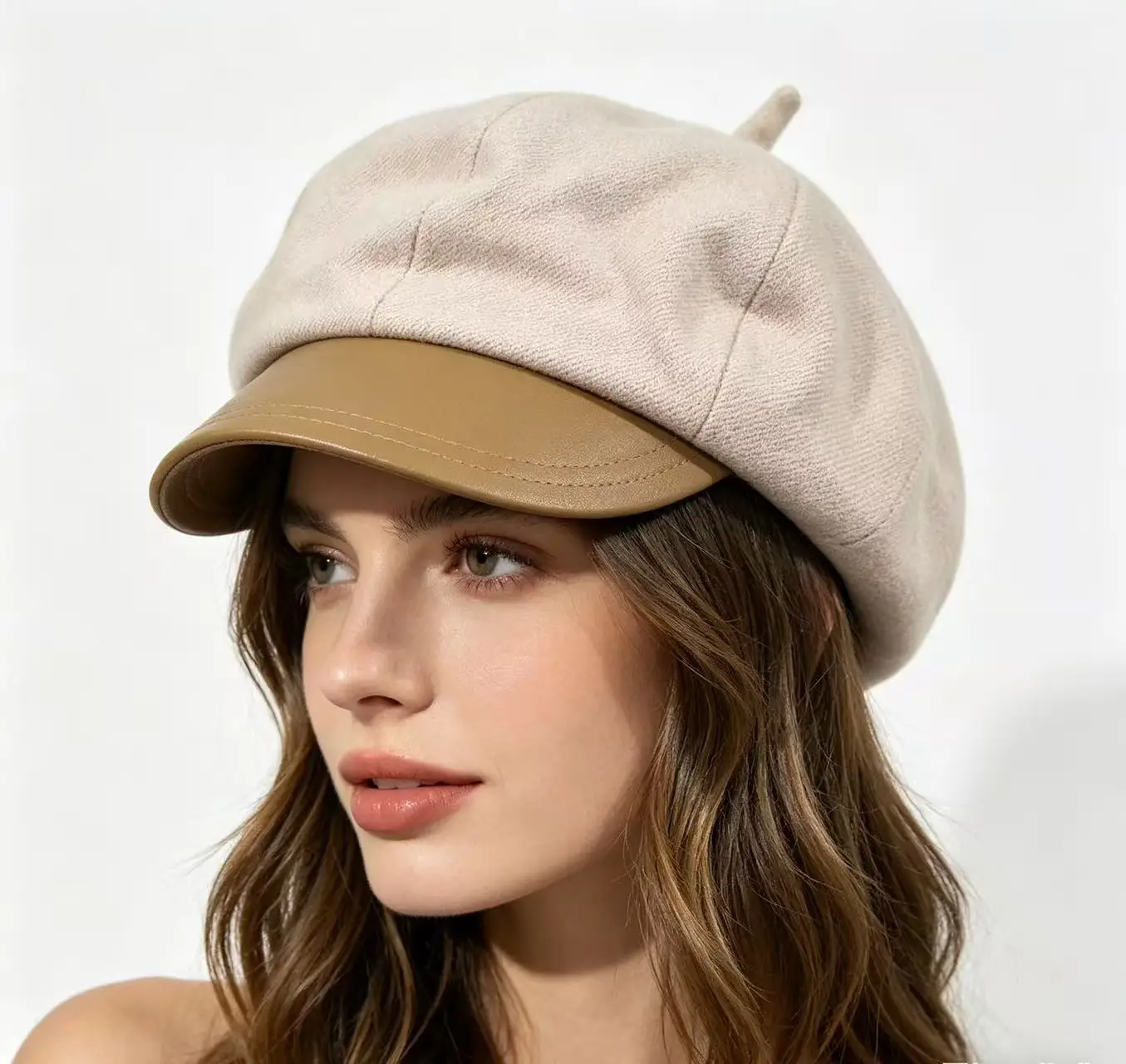 Herbst/Winter Vintage Karierte Leder-Baskenmütze für Damen – Gesichtsverschmeichelnd, Britischer Stil, Künstlermütze für eine stimmungsvolle Optik