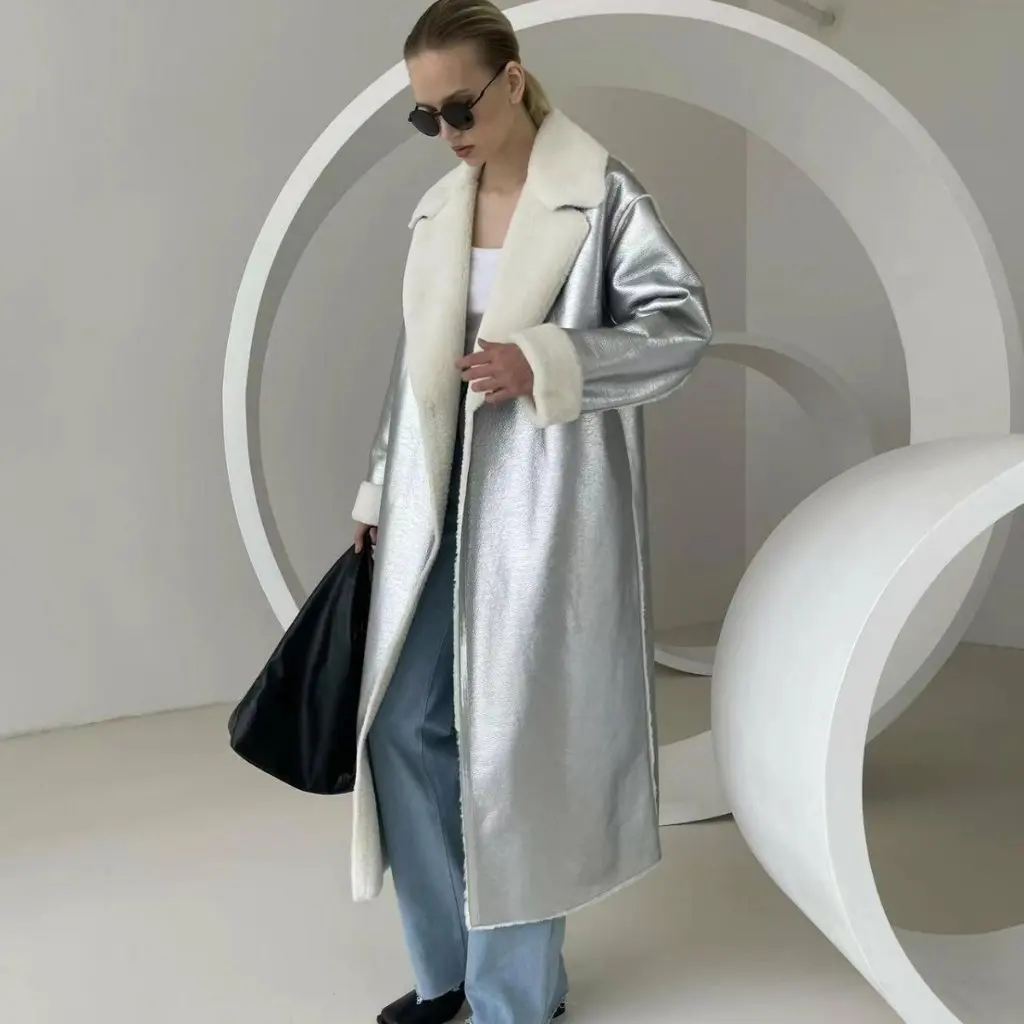 Damska kurtka flanelowa Jinhane, europejski styl, ciepła, ze skóry PU, dopasowany krój, długi płaszcz, elegancka odzież wierzchnia na zimę.