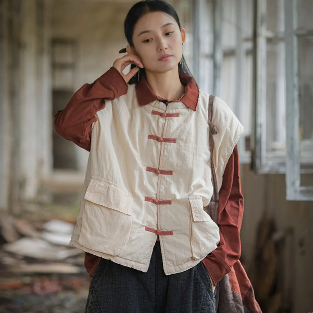 New Chinese Cotton Linen Loose Pan Buckle Waistcoat Womens Vintage Vest Soft Warm Quilted Sleeveless Jacket Pocket Autumn Winter