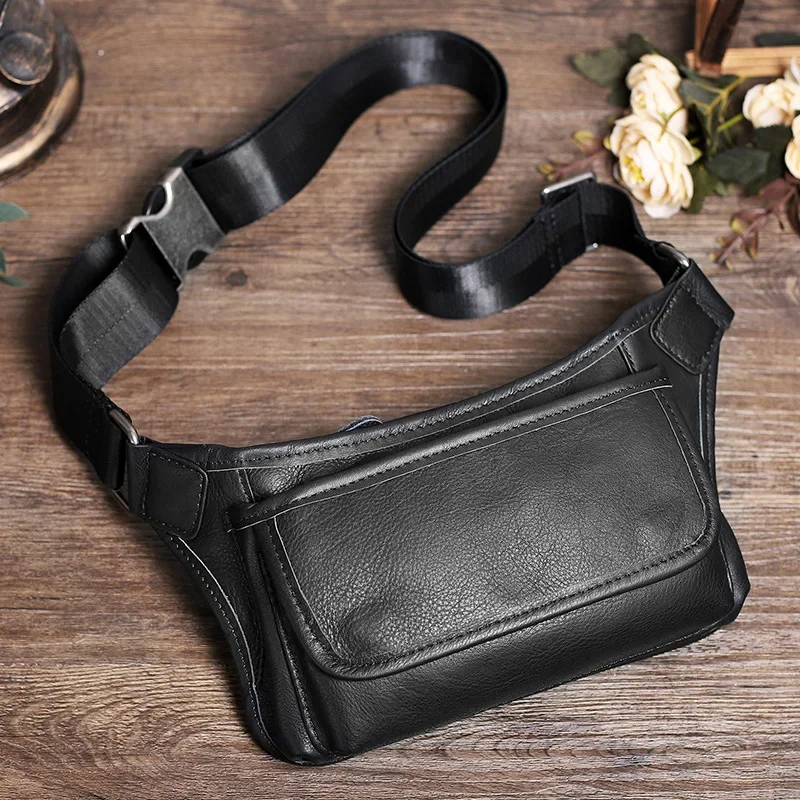 Light Luxury Men\'s Real Cow Leather Waist Bag, Crossbody Shoulder Bag, Motorcycle Style Casual Versatile, High-quality Chest Bag