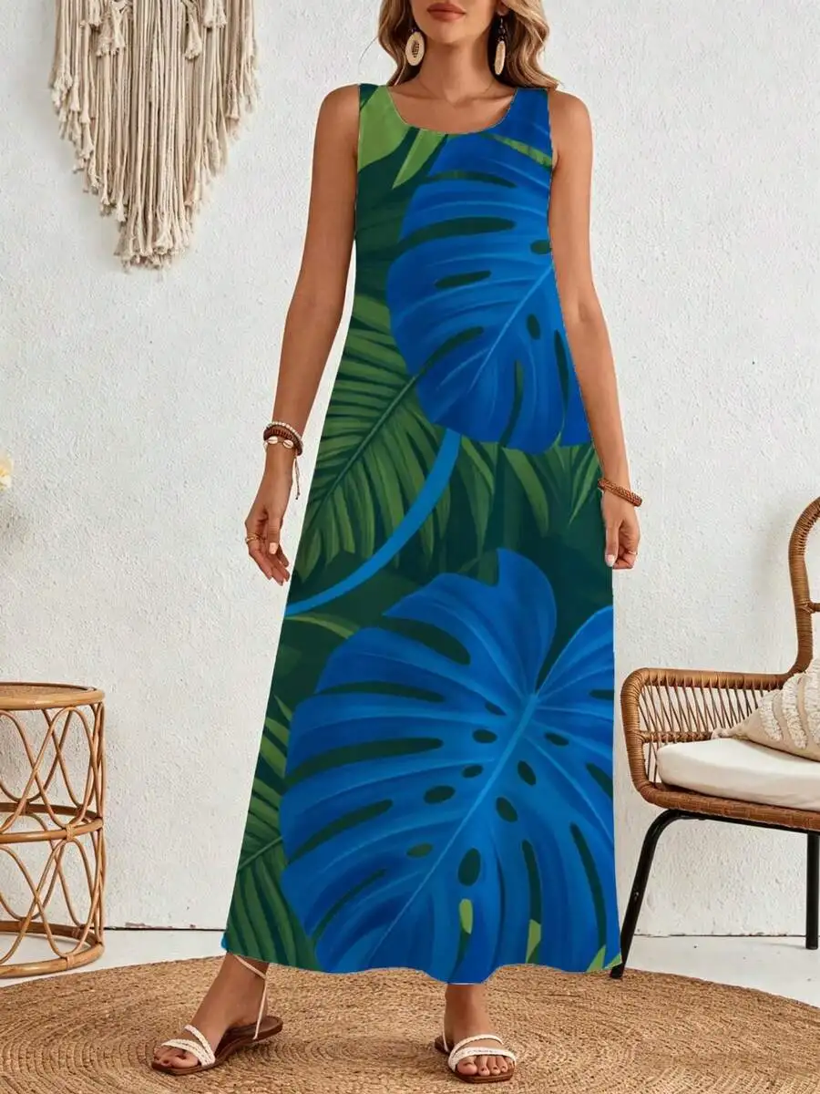 

Sleeveless Maxi Dress Blue Green Tropical Leaf Print Summer Beach Vacation Wear