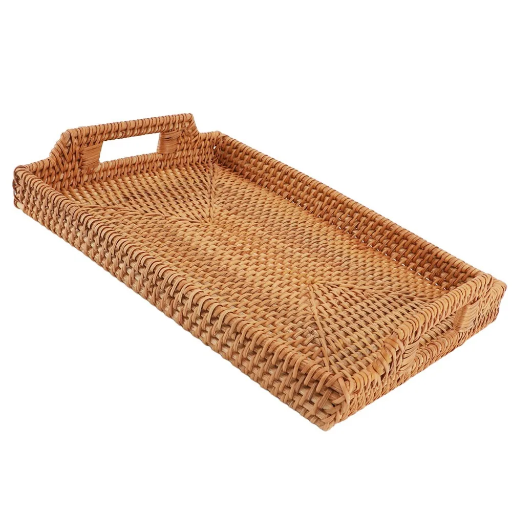 Woven Fiber Tray with Handles Side Handles Woven Craft Serving Tray Lightweight Rectangular Decorative Tray Coffee Table