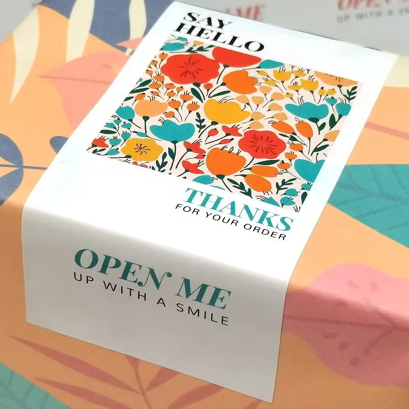

50pcs Say Hello Open Me Flower Rectangle Thank You Sticker For Small Bussiness Sealed Label Gift Box Decoration Wholesale Supply