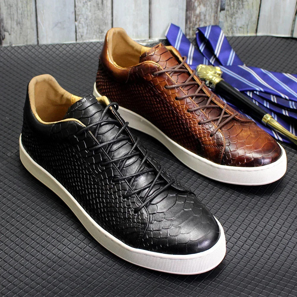 Men's Casual Derby Shoes Real Cow Leather Handmade Classic Lace-Up Snake Pattern Fashion Sneakers for Street Shopping