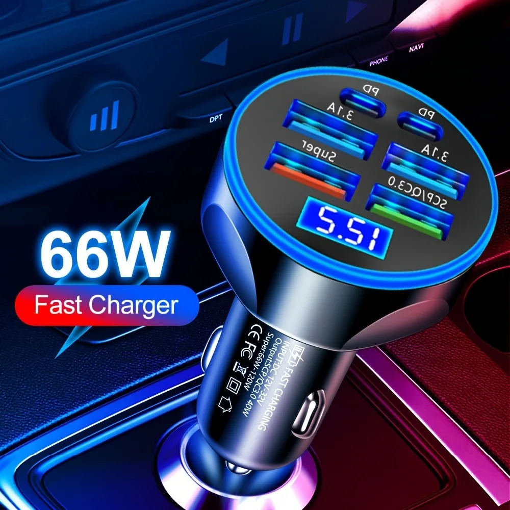 

66W 6 Ports PD+USB QC3.0 Car Charger Digital Display Fast Charging Adapter For iPhone16 Xiaomi Samsung Huawei Quick Charger