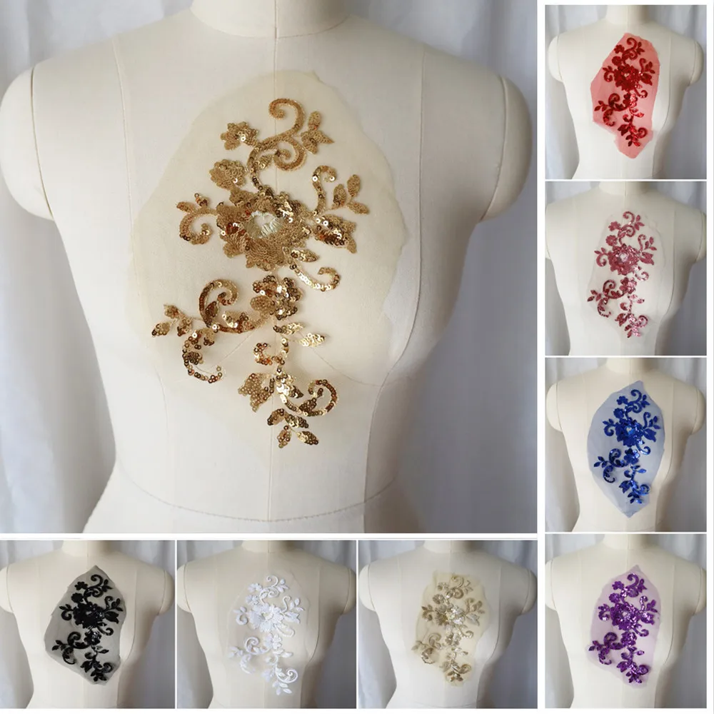 Haft cekinowy kwiat aplikacja naszywka do szycia koronkowe wykończenia siatkowy kołnierz z tkaniny na ślub suknia ślubna Party Dress Decor DIY Crafts