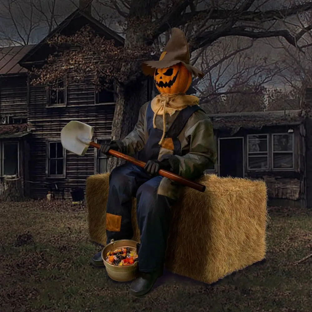 

Motion-Activated Smiling Jack The Shovel-Wielding Sitting Scarecrow by Tekky, Talking Jump-Scare Halloween Animatronic,