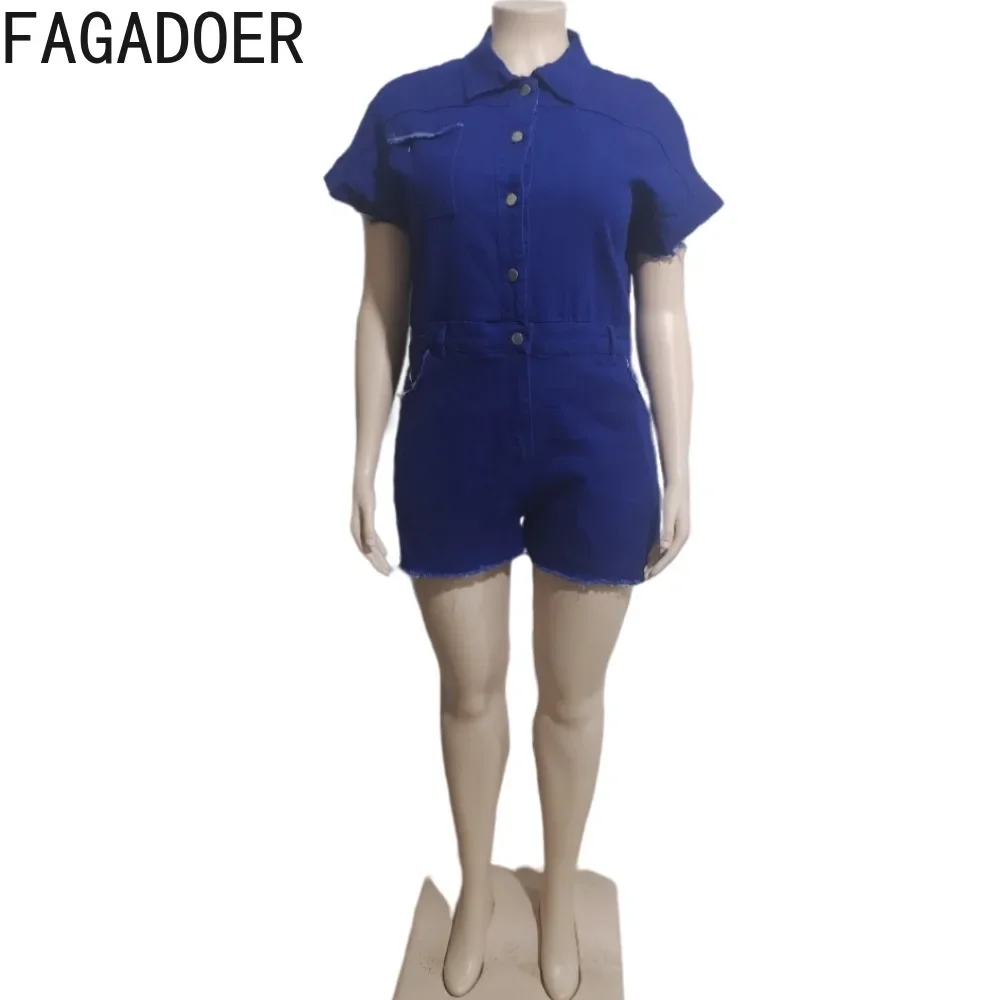 FAGADOER Dark Blue Casual Jean Bodycon Rompers Women Turndown Collar Button Short Sleeve Slim Denim Jumpsuits Fashion Overalls