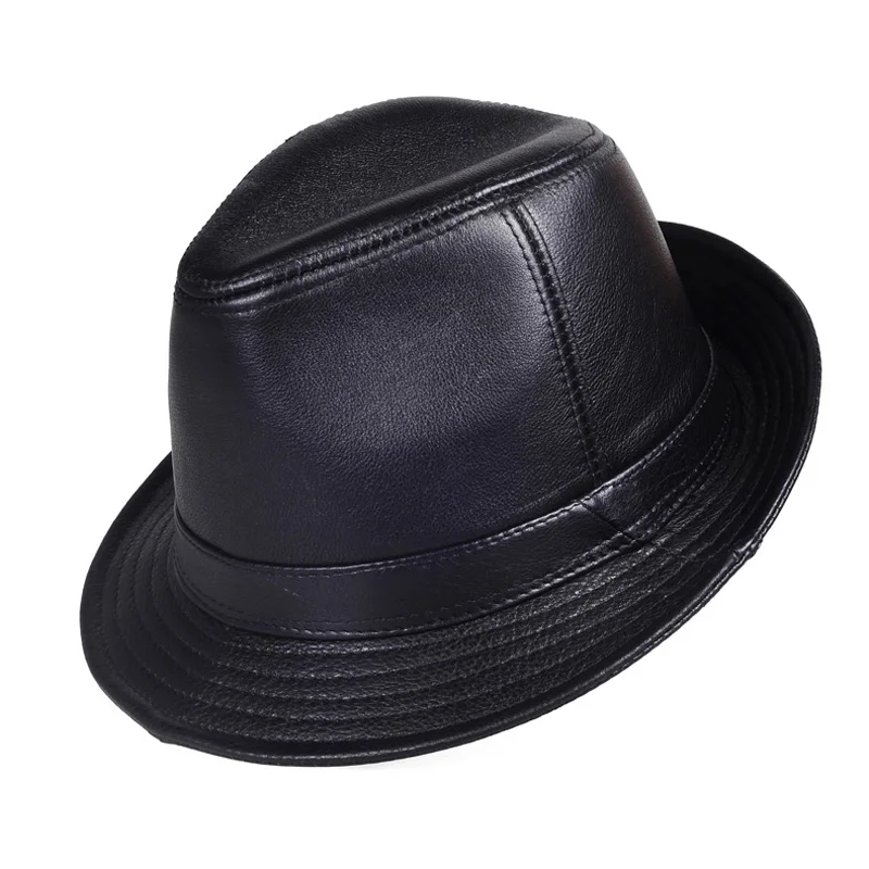 New In 2024 Men High Quality Genuine Leather Jazz Fedora Cap Gentleman Cow Skin Short Brim Black/Brown Top Hat Male Shows Topper