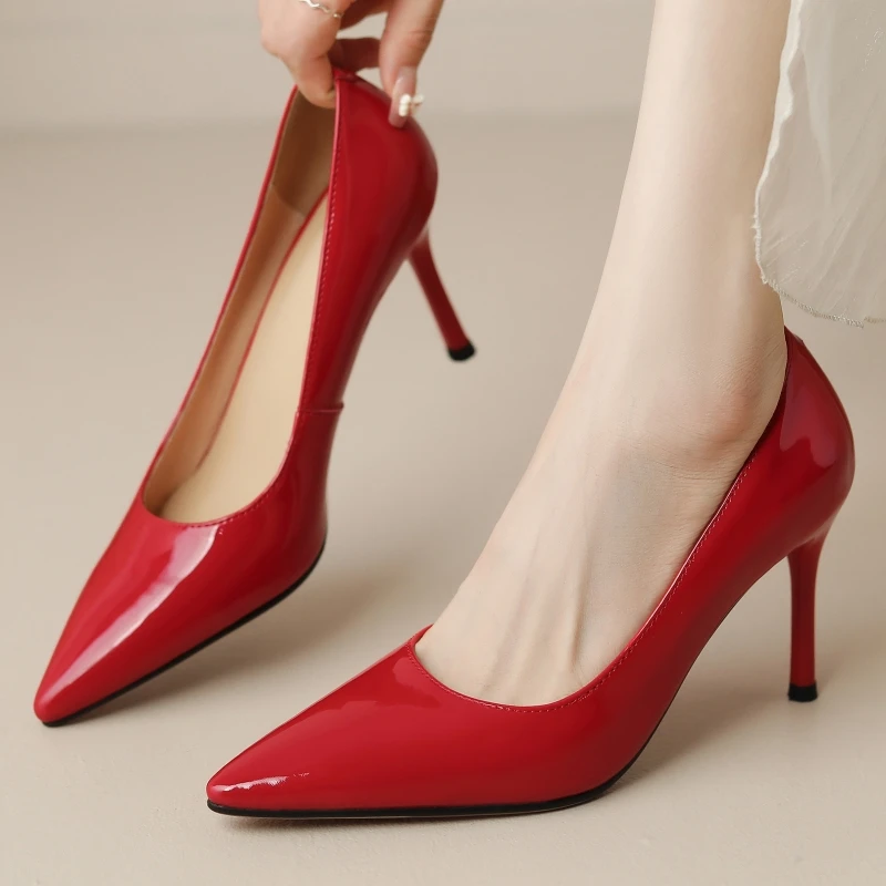 Genuine Leather Red High Heel Women's Pumps Dress Shoes Fashion Point toe Party Office Wedding Shoes Lady Classic Large Size 45