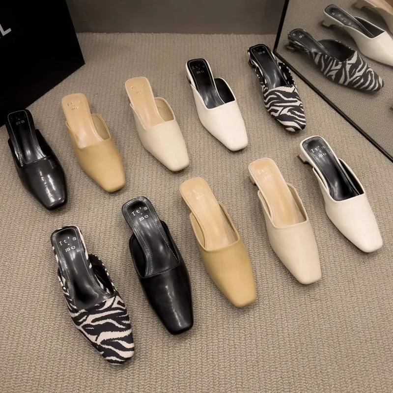 Fashion Zebra Zebra Pattern Mule Shoes Women Low Heels Square Toe Slides Outdoor Slippers New Spring Casual Flat Shoes Chaussure