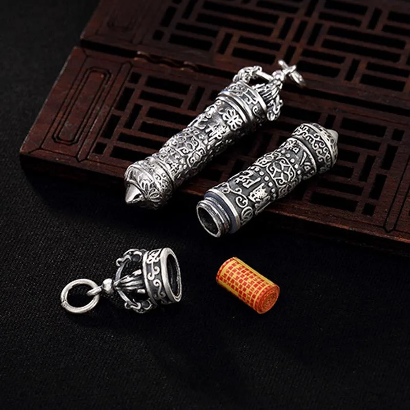 

S925 Sterling Silver Ash urn Case Tube Pendants Buddhist Antique Shurangama Mantra Six Words Amulets Talismans Pendant Necklace