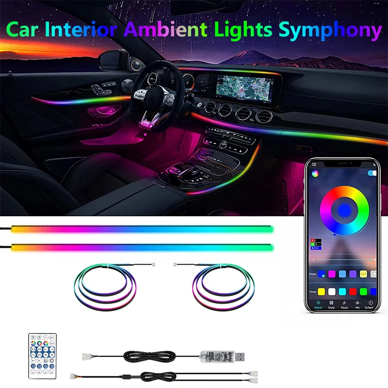 

110CM+110CM Car Led Symphony RGB Ambient Light Strips Console Hidden Acrylic Neon Lamp Auto Decoration Atmosphere Lamp Wire USB