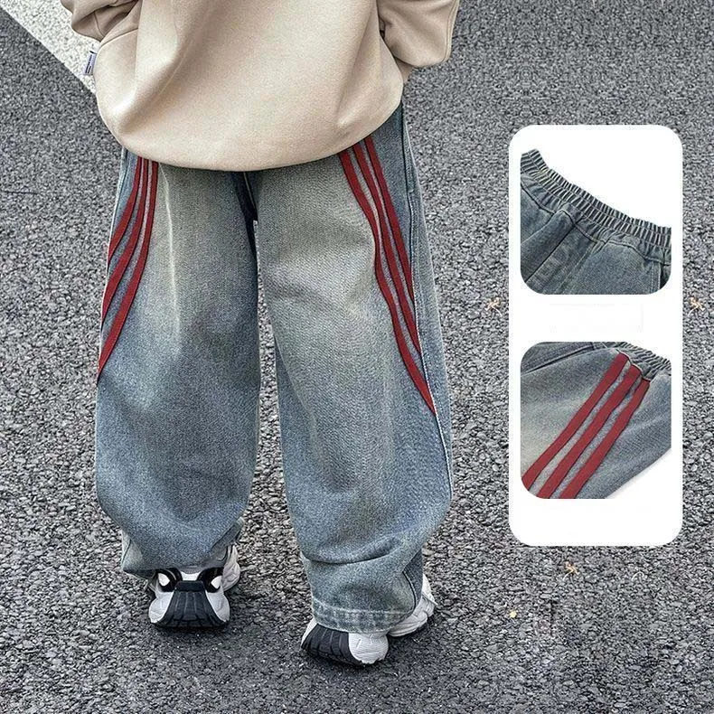 Frühling 2026 Kinder Denim Hosen YBFSKID Rot Gestreiften Gespleißt Kleinkind Kinder Jungen Jeans Kleine Baby Jungen Hosen 2-10Y Jungen Hosen