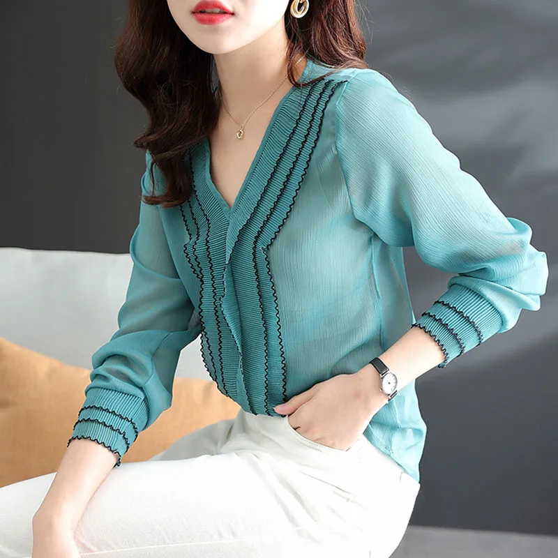 Vintage V-Ausschnitt Chiffon Bluse Frauen Langarm Tops 2022 Frühling lose Rüschen Patchwork Shirt Damen blusas süße Bluse 19341