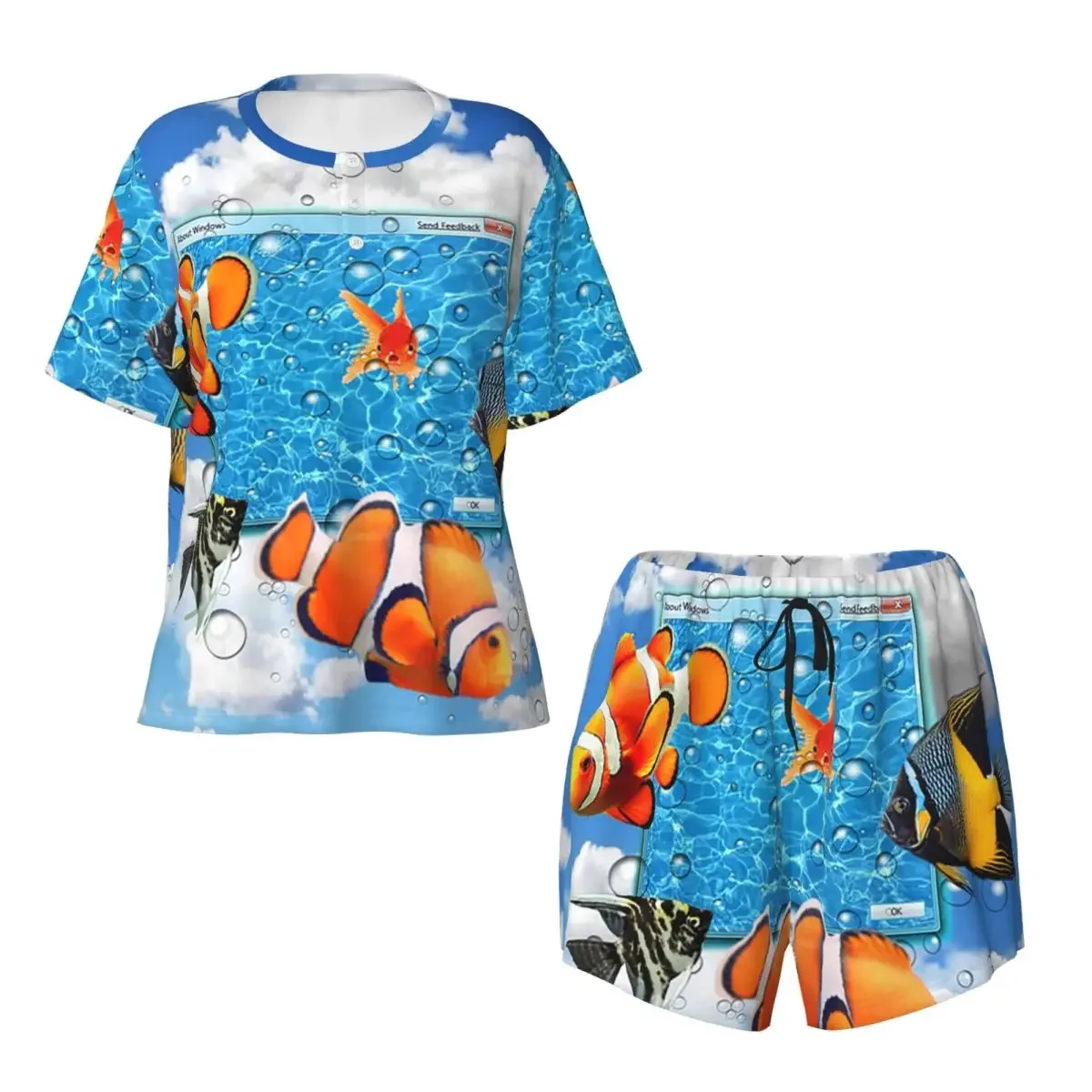 Swimming Frutiger Aero Fish Rundhals-Kurzarm-Nachthemden zum Schlafen, Schlafshirts für Damen, weiches Pyjama-Set, kurze Hosen