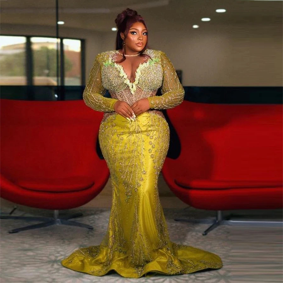 Gorgeous Long Evening Dress Sparkling Evening Gowns Beading Transparent Sleeves Evening Dress Mermaid Custom robe de soir