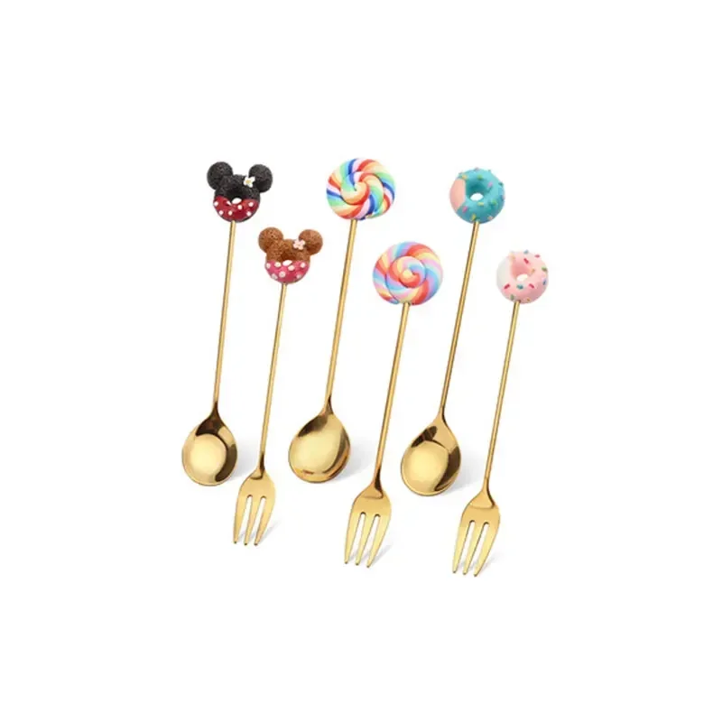 Cuchara pequeña de dibujos animados para mujer y niño, tenedor de postre de acero inoxidable, piruleta arcoíris, rosquilla, Macaron, regalo de Año
