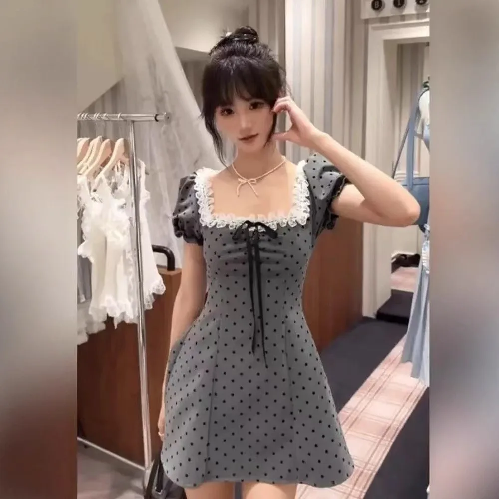 

Polka Dot Bubble Sve A-Line ort Dr Women's Sweet And Spicy Sle Square Collar Slimming Waist Design Inspired