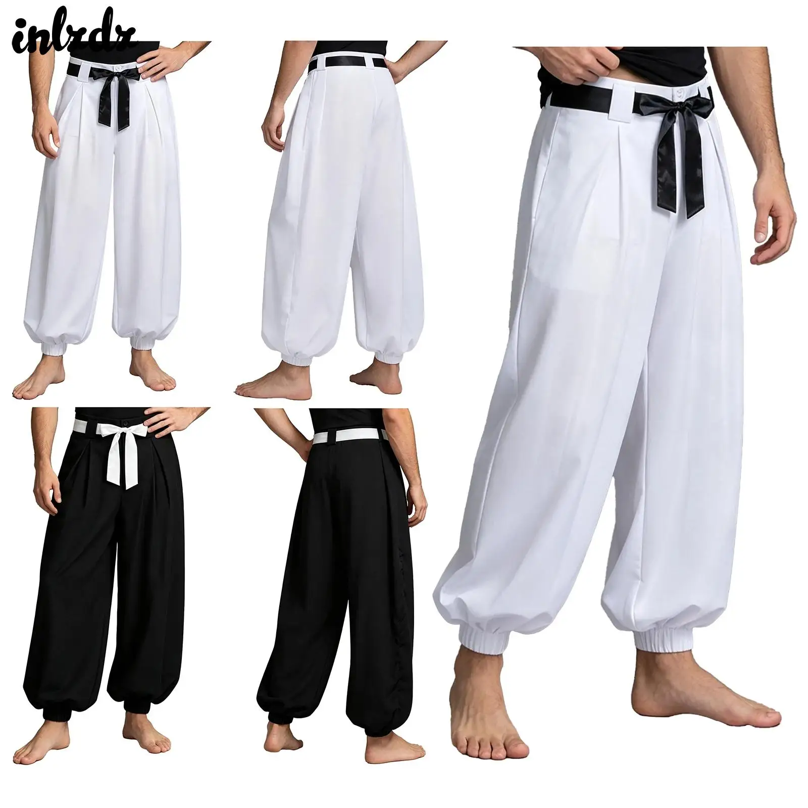 Mens Arab Prince Harem Pants Buttons Zipper Fly Pleats Lantern Bloomers Trousers with Pockets And Belt Performance Costume