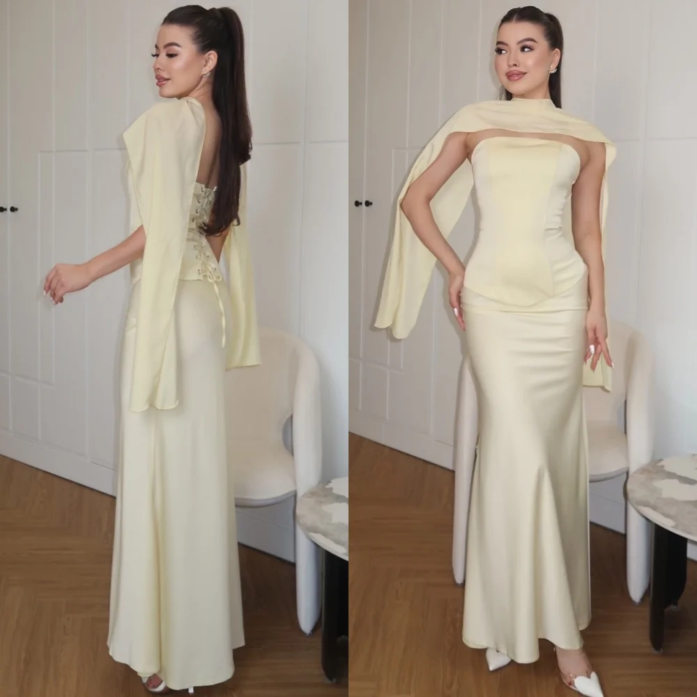 

Customized Mermaid Luxury Satin Evening Dress Exquisite Strapless Sleeveless Prom Dresses Soft Sweep Train Vestido De Festa