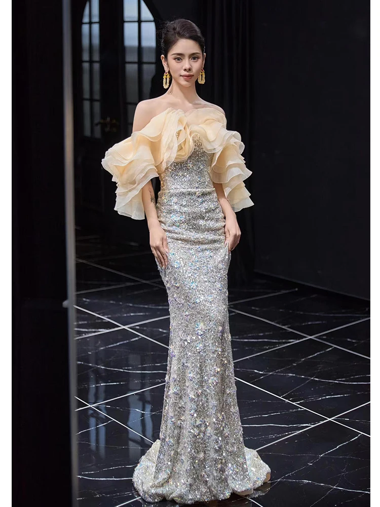 

Элегантное вечернее платье на одно плечо для женщин, свадебное, с серебряными пайетками, с шлейфом, для торжественных мероприятий и свадебных церемоний