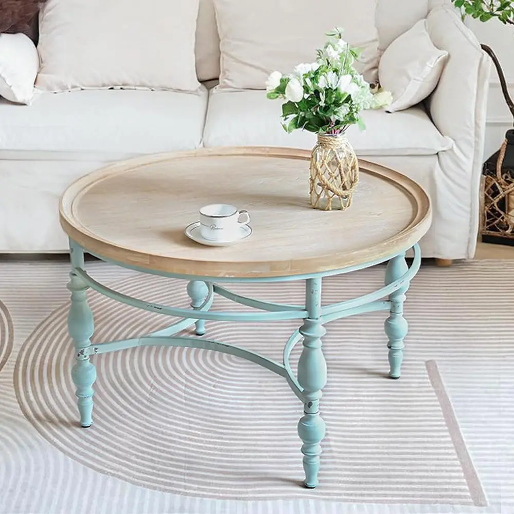 

Rustic Farmhouse Round Coffee Table, French Country Vintage Center Table,φ31.5'' x18.9''H Rustic Solid Wood with Vintage Iron