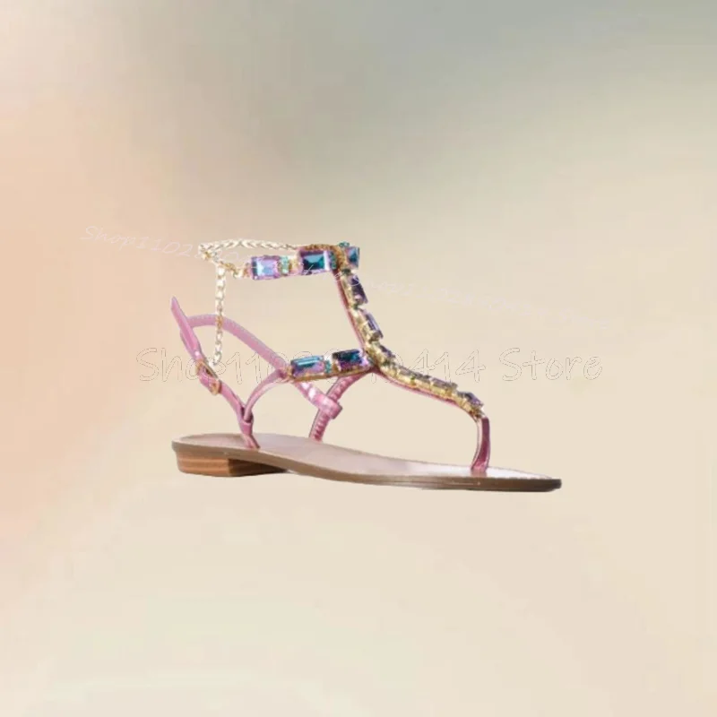 Colorful Crystal Decor Flip Flop Sandals Ankle Buckle Strap Women Shoes Low Top Fashion Party Banquet 2024 Zapatos Para Mujere