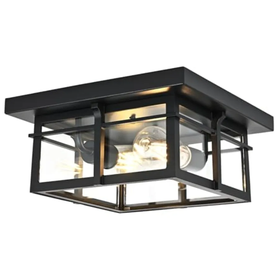 

Farmhouse Ceiling Light Fixture Black 2-Light with Clear Glass Square Flush Mount Ceiling Light for Hallway Kitchen Bedroom Por
