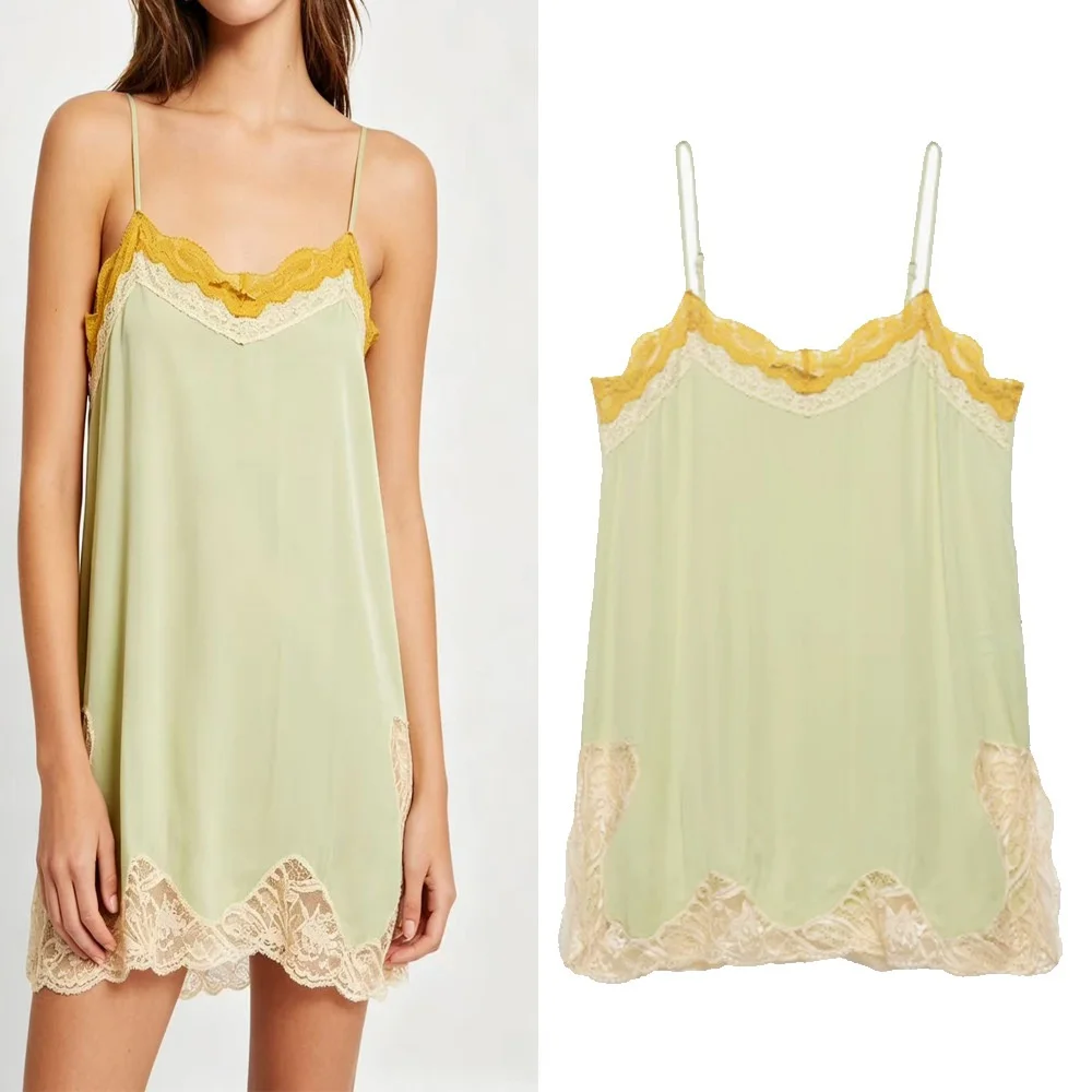 Sexy Lace Strap Vest Women's Fashion Versatile Yellow Green Top Loose Fit Polyester Material No Brand Registered Trademark