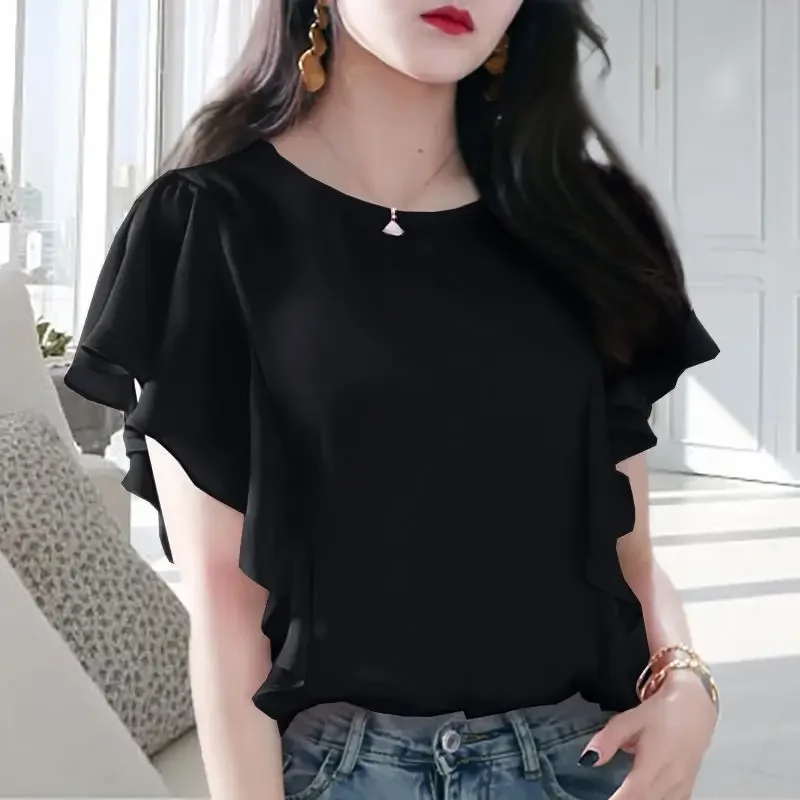 Purple Blouse Women Short Sleeve Ruffle Tops Korean Style Fashion Loose Plus Size Shirt