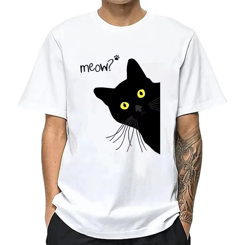 Niedliches T-Shirt mit spähender schwarzer Katze und Miau-Motiv für Männer und Frauen, lustiger Tierdruck, lässiger Kurzarm, Rundhalsausschnitt, modisches Streetwear-Tee – Detail 4