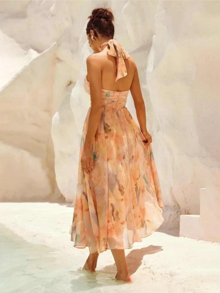 Nieuwe zomer vrouwen vakantie mouwloze print backless jurk mode elegante casual maxi jurken voor vrouwen gewaad femme vrouwen kleding