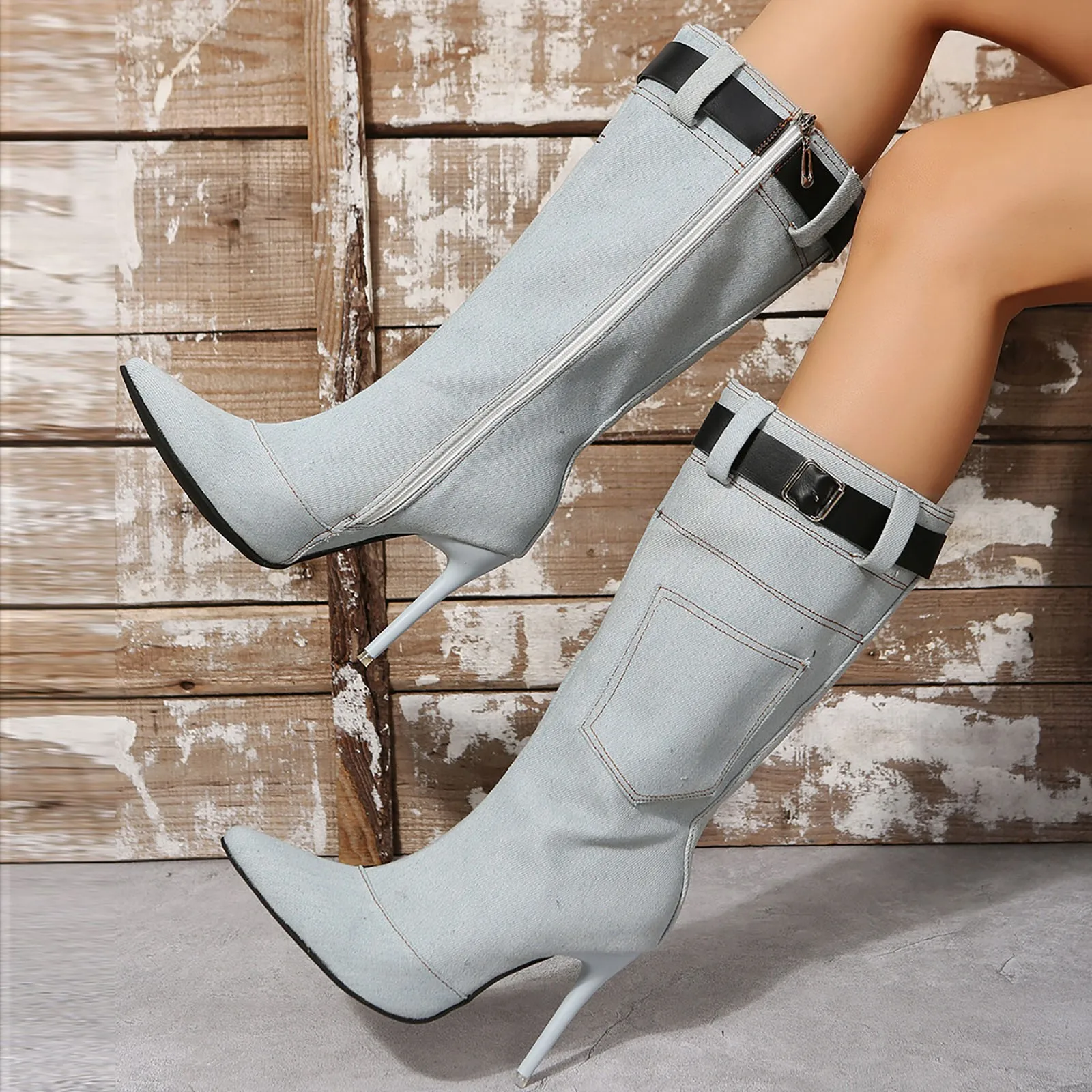 

Dropshipping Vintage Metal Belt Buckle Chelsea Boots Pointed Cowboy Mid Boots Stiletto Ultra High Heel Sexy Womens Boots