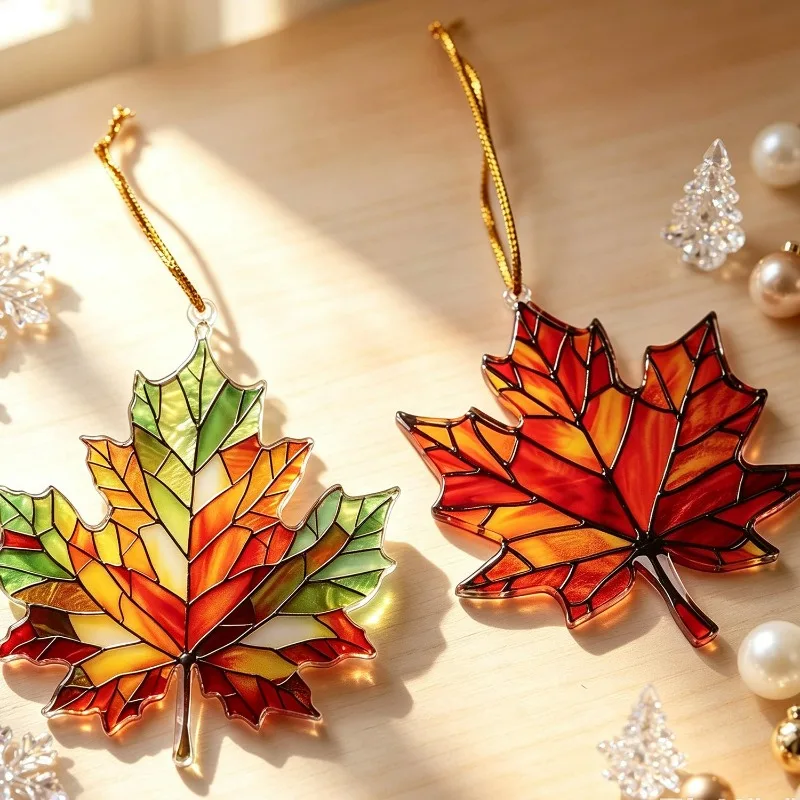 20/1PCS 2D Flat Acrylic Maple Leaf Decorative Pendant Stained Glass Fall Window Hanging Ornament Thanksgiving Home Party Decor view 6