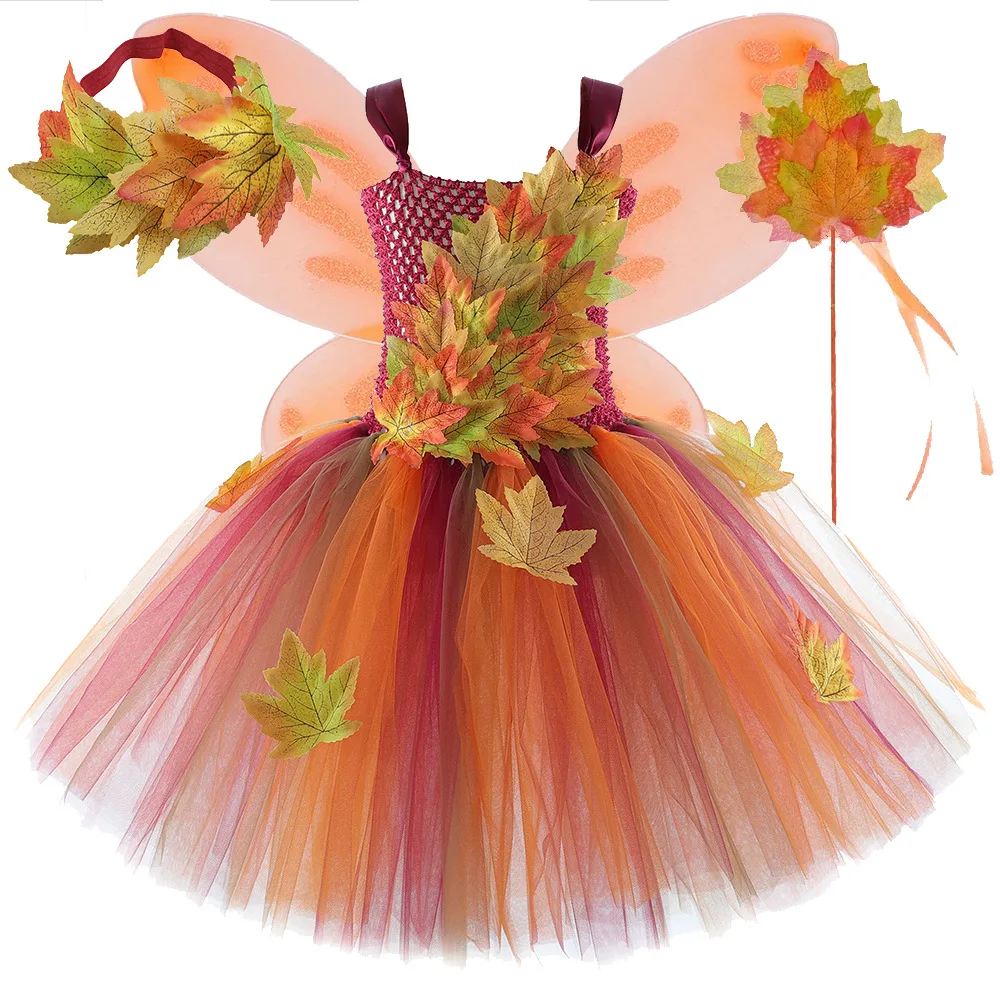 Simulated Maple Leaf Children's Mesh Dress Halloween Thanksgiving Girls' Princess girls Party Santa Outfit Kids Dress Up clothes