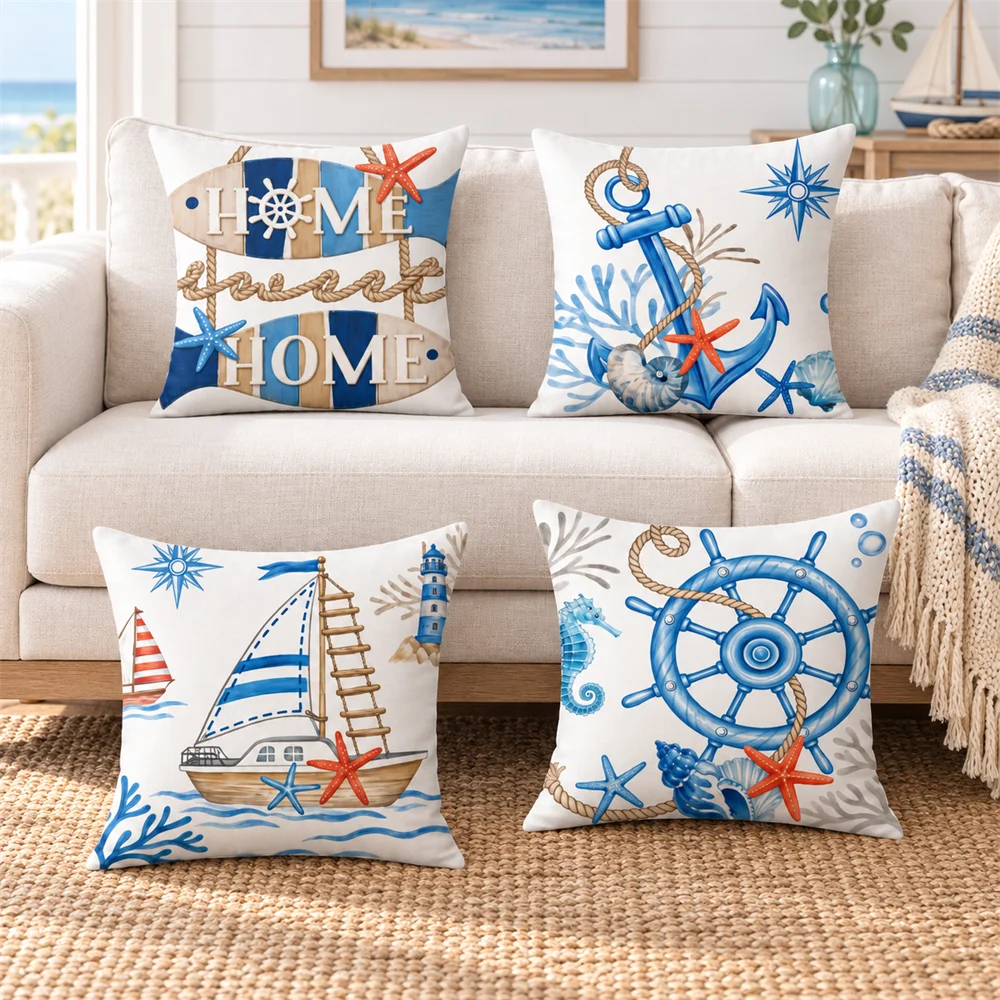 Watercolor Ship Wheel Anchor Sailboat Cushion Cover Soft Short Plush Pillow Cases Hidden Zipper Cutecore Sofa Bedroom Home Decor