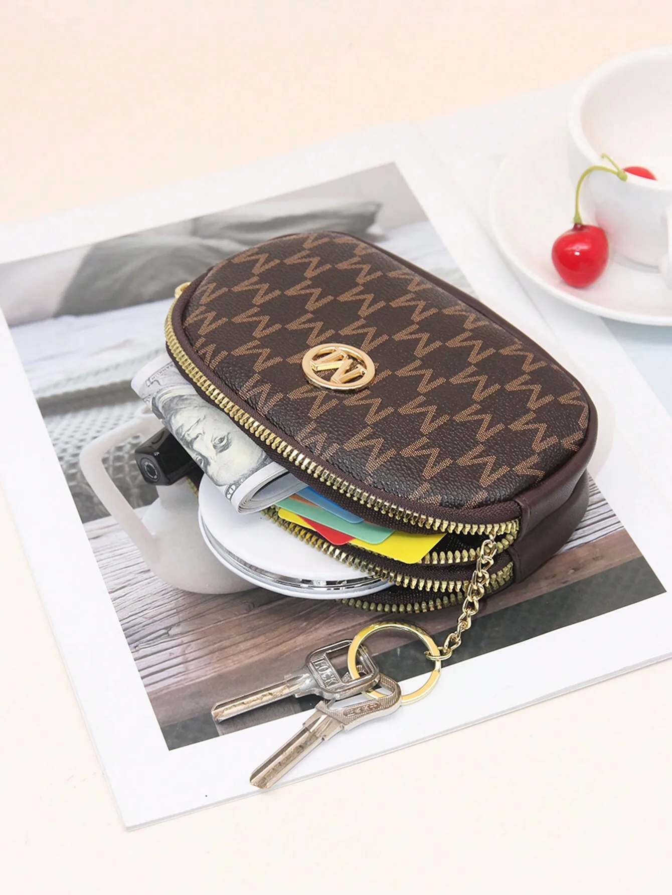 

Fashionable Letter Print Dual Zipper Keychain Coin Purse Wallet Small